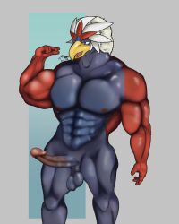 abs anthro avian balls beak biceps big_biceps big_muscles big_penis bird braviary erection feathers flexing flexing_bicep generation_5_pokemon genitals glans hi_res huge_muscles krowbutt long_penis male muscular muscular_anthro muscular_male muscular_thighs nintendo nipples nude pecs penis pokemon pokemon_(species) pokemorph saggy_balls simple_background solo