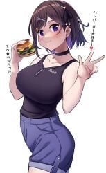 1girls armband armpit ass big_breasts black_top blush bowtie breasts brown_hair burger collar collarbone earrings eating female female_only full_mouth girl hair hair_accessory hand_behind_head happy hypnotic_eyes karaage_bou long_hair mouth open_mouth pants purple_eyes purple_hair smiling solo thighs top tugging_clothing white_background white_body white_skin white_skinned_female zipper