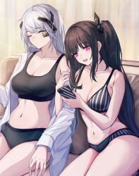 2girls 3_small_spiders absurdres architect_(girls'_frontline) barcode barcode_tattoo black_bra black_hair black_panties black_sports_bra bra breasts cellphone cleavage collarbone collared_shirt female female_only gager_(girls'_frontline) girls'_frontline glance green_eyes highres holding holding_phone indoors large_breasts linea_alba locked_arms long_hair long_sleeves multiple_girls navel one_eye_closed open_clothes open_mouth open_shirt panties phone pink_eyes sangvis_ferri shirt side_ponytail sitting smartphone sports_bra striped striped_bra striped_panties tattoo underwear white_hair white_shirt yuri