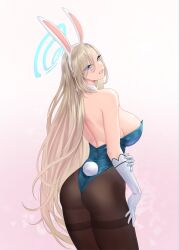 1girls 2022 ass asuna_(blue_archive) asuna_(bunny)_(blue_archive) asuna_(bunny_girl)_(blue_archive) blonde_hair blue_archive blue_eyes bunny_ears bunny_tail bunnysuit calad_g female female_only gloves hi_res light-skinned_female light_skin long_hair looking_at_viewer looking_back looking_back_at_viewer pantyhose rear_view smiling smiling_at_viewer solo sweat tongue_out visible_breath