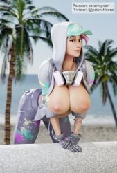 beach big_breasts brown_eyes female fortnite nipples palm_tree peterraynor pink_hair teknique x_redeyes