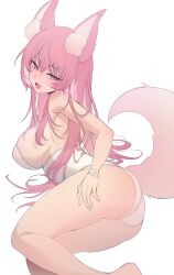 1girls animal_ears female female_only fox_ears fox_girl fox_tail hand_on_hip laying_down leotard light-skinned_female light_skin oerba_yun_fang original pink_eyes pink_hair simple_background solo tail white_background zerocat