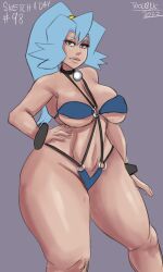 1girls big_breasts blue_hair breasts clair_(pokemon) female female_only hand_on_hip large_breasts looking_at_viewer page_98 pokemon pokemon_hgss solo swimsuit thick_thighs thunder_thighs tool01k wide_hips