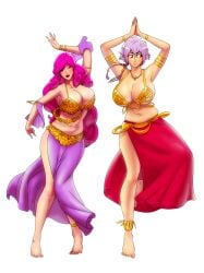 2girls age_difference alternate_costume ambiguous_background arabian_clothes bare_legs bare_shoulders barefoot belly_dancer big_breasts bleach bleach:_the_thousand-year_blood_war bra braids breasts cleavage dancer dancer_outfit dancing female female_only gairon gold gold_jewelry harem_outfit height_difference hikifune_kirio huge_breasts jewelry kotetsu_isane long_hair makeup mature mature_female mature_woman metal_bikini midriff multiple_females multiple_girls older_female oppai pinup plain_background purple_hair revealing_clothes short_hair short_hair_with_long_locks silver_hair simple_background slightly_chubby smaller_female take_your_pick taller_female taller_girl voluptuous white_background younger_female