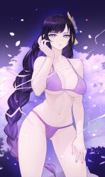 1girls 2022 bikini braid braided_ponytail calad_g female female_only genshin_impact hi_res long_hair looking_at_viewer purple_eyes purple_hair raiden_shogun solo