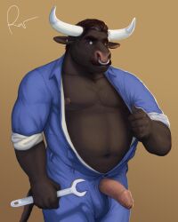 2021 anthro belly blue_eyes body_hair bovid bovine cattle chest_hair ear_piercing erection facial_hair forearm_muscles foreskin genitals happy_trail hi_res holding_object holding_tool holding_wrench horn looking_at_viewer male male_only mammal mature_male mechanic mechanic_outfit moustache musclegut muscular navel nipple_piercing nipples pecs penis piercing poking_out pubes rolled_up_sleeves rov septimus_(smartydragon) simple_background slightly_chubby solo tools vein veiny_penis worksuit wrench yellow_background