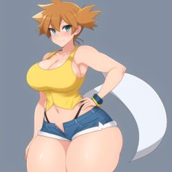 1girls 2d ai_generated alternate_breast_size armpits arms big_breasts blue_eyes breasts brown_hair clothed clothed_female clothing crop_top female female_only grey_background jean_shorts kasumi_(pokemon) legs mildly_muscular_woman misty_(pokemon) muscular_arms nintendo pokemon shorts shoulders small_image solo straps tank_top thick thick_thighs thighs unbuttoned_shorts unzipped_shorts