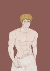 1boy abs attack_on_titan beard blonde_hair blush hairy male male_only nipples reiner_braun shingeki_no_kyojin solo sweat sweating