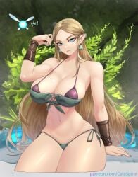 1girls aqua_eyes armwear big_breasts bikini blonde_hair calad_g earrings female female_only hi_res long_hair looking_at_viewer navi nintendo pointy_ears princess_zelda solo the_legend_of_zelda thick_thighs toned toned_female