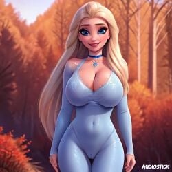 ai_generated audiostick belly_button big_smile blonde_hair blue_eyes blush blush blushing_at_viewer breasts cameltoe choker cleavage detailed_background disney disney_princess elsa_(frozen) eyelashes eyeliner frozen_(film) hi_res high_resolution highres huge_breasts large_breasts leotard long_hair looking_at_viewer skin_tight skintight smile smiling smiling_at_viewer stable_diffusion tight_clothing watermark wide_hips