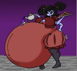 5_eyes 6_arms 8_arms allstarman anthro arachnid arachnid_humanoid belly big_belly donut donuts fat fat_fetish female fetish gottem muffet overweight purple_skin spider spider_girl stomach tea tea_cup undertale undertale_(series) vore vore_belly