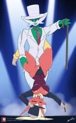 2023 anthro blaziken breasts cane clothing duo female gallade generation_3_pokemon generation_4_pokemon genitals green_eyes hanako_(lyorenth-the-dragon) hat headgear headwear hi_res humanoid leotard looking_at_viewer lyorenth-the-dragon male male/female necktie nintendo one_eye_closed open_mouth penetration pokemon pokemon_(species) pubes pussy red_body red_eyes top_hat trapeze_position upside-down vaginal_penetration vaginal_penetration wand