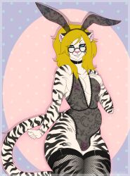 1futa anthro blonde_hair bulge bunny_costume clothing costume dickgirl eyewear futanari genitals glasses hair herm hi_res intersex legwear madeena8521 nipples nyla penis slightly_chubby solo stripes thigh_highs trans_woman_(lore) translucent translucent_clothing