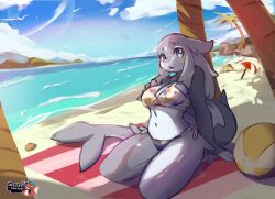 1girls 2d 2d_(artwork) artist_logo artist_name ball_(object) barely_clothed beach beach_ball beach_towel beach_umbrella belly_button bikini blue_eyes blue_sky breasts cleavage clouds female female_focus female_only furry grey_body grey_skin jakie2704 large_tail medium_breasts multicolored_body multicolored_skin navel no_humans palm_tree sand sea shark shark_fin shark_girl shark_tail shark_teeth shiny_skin sitting sitting_down solo solo_female solo_focus tagme tail thighs tree trees two_tone_body two_tone_skin white_body white_skin yellow_bikini