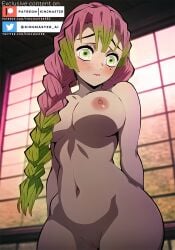 1girls ai_generated ass blush breasts demon_slayer female_only from_below green_eyes green_hair indoors kanroji_mitsuri kimetsu_no_yaiba kingmaster large_ass large_breasts looking_down naked naked_female nipples nude nude_female pink_hair pink_light vagina