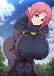 1girls bending_over blush breasts clothed elf elf_ears elf_female female forehead_mark hips huge_breasts kono_subarashii_sekai_ni_shukufuku_wo! massive_breasts outdoors pink_hair pointy_ears ponpo red_eyes short_hair smile thick_thighs thighs wide_hips wolbach_(konosuba)