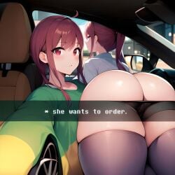 ai_generated ass big_ass big_butt brown_hair chara frisk he_wants_to_order mature_female meme nude_female ponytail red_eyes she_wants_to_order showing_ass smile undertale undertale_(series)