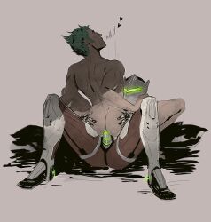 2boys anal anal_sex armour cyborg_ninja genji genji_(overwatch) green_hair human male male_focus male_only male_penetrating_male mask multiple_boys nude overwatch overwatch_2 penis selfcest sex straddling yaoi young_genji