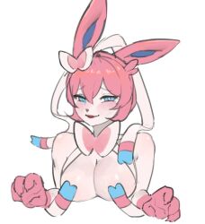 4_fingers anthro big_breasts blue_eyes blush bob_cut breasts bust_portrait covered_nipples covering covering_breasts cute cute_face eeveelution fangs female female_only fingers generation_6_pokemon hair long_ears looking_at_viewer nails narrowed_eyes nintendo nude open_mouth open_smile pink_body pink_hair pokemon pokemon_(species) portrait ribbons ribbons_(anatomy) simple_background smile solo solo_female sylveon teeth white_background white_body yawar