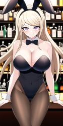 ai_generated akamatsu_kaede bar big_breasts blonde_hair cleavage danganronpa danganronpa_v3 easter large_breasts looking_at_viewer n.c.b_ai nai_diffusion playboy_bunny purple_eyes rabbit_ears smile stable_diffusion wine