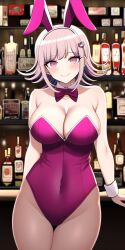 ai_generated bar big_breasts bowtie cleavage danganronpa danganronpa_2:_goodbye_despair easter hair_ornament large_breasts looking_at_viewer n.c.b_ai nai_diffusion nanami_chiaki playboy_bunny rabbit_ears smile stable_diffusion wine