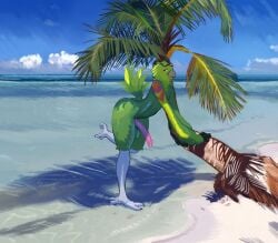 absurd_res amazon_parrot anthro ass avian beach big_penis bird cloud eyewear feathers genitals green_body green_feathers hi_res looking_at_viewer male neotropical_parrot nolansnsfw nude on_one_leg oopsitsnolansfw palm_tree parrot penis plant sea seaside small_waist solo solo_focus solo_in_panel standing sunglasses thick_thighs tree true_parrot water yellow-headed_amazon