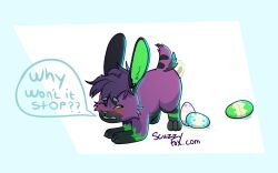 1boy anal dialogue easter easter_egg egg egg_in_ass egg_laying feral hi_res holidays lagomorph leporid male male_only mammal rabbit scuzzyfox solo speech_bubble