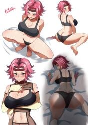 1girl 1girls all_fours ass big_ass big_breasts big_butt big_penis blue_eyes blushing bra breasts butt butt_crack cleavage code_geass embarrassed headband irritated kallen_stadtfeld male_out_of_frame panties red_hair shadow shiny_skin solo squatting sweat tagme tank_top underwear yuzu_kiro