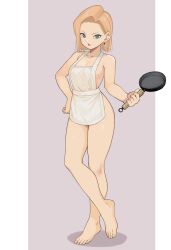 1girls android_18 apron blonde_hair dragon_ball dragon_ball_z female female_only frying_pan naked_apron rokoido12 solo