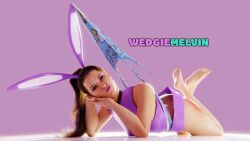 3d 3d_(artwork) atomic_wedgie blue_panties brown_hair bunny_ears bunny_girl easter easter_egg female_only looking_at_viewer pink_background print_panties print_underwear purple_top wedgie wedgiemelvin wedgies