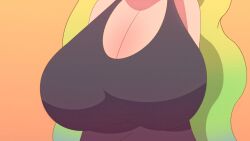 animated areolae big_breasts blonde_hair blue_hair breasts green_hair hmiokun jiggle large_breasts miss_kobayashi's_dragon_maid nipples nude quetzalcoatl_(dragon_maid) shirt shirt_up small_areola tit_drop topless