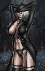 abs absurd_res big_breasts black_clothing black_legwear black_panties bloodborne blue_eyes chalicedungeon cleavage fromsoftware hat leather_panties morrigin_paine open_jacket pinup red_lipstick thighhighs white_hair white_skin