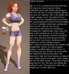 1girls character_profile character_sheet cheating_wife coxville_stories female housewife john_persons married_woman red_hair sammy_spitzman solo sportswear theofficialpit training_bra workout_clothes