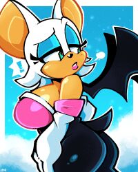 anthro ass bat bat_wings big_ass big_breasts boobs_and_butt_pose breasts concerned eyelashes eyeshadow female female_focus female_only green_eyes huge_breasts large_breasts legendofnerd lipstick looking_back makeup rouge_the_bat round_ass round_breasts sega sideboob sonic_(series) sonic_the_hedgehog_(series) tan_skin white_fur