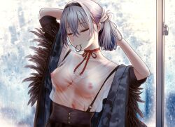 anthro breasts choker closed_eyes erect_nipples feathers girls'_frontline gray_hair headband nipples nipples_visible_through_clothing object_in_mouth rain ribbons scar see_through short_hair skirt testame thunder_(girls_frontline) turisasu water white_hair