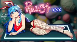 1girls animal_ears blue_eyes blue_hair bunny_ears bunny_girl bunnysuit clothing easter easter_bunny easter_eggs edit female female_only littlemedecine looking_at_viewer lucidsky mascot pose rule_34-tan rule_34_(booru) shiny_skin site-tan solo solo_female title woolfy_thebitch