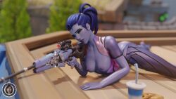 3d big_ass big_butt blizzard_entertainment blizzard_world_(map) blue_hair earrings high_heels image long_fingernails medium_breasts overwatch ponytail trsensualstudio watermark widowmaker yellow_eyes