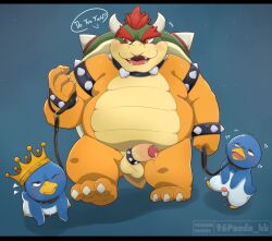 2023 3boys 96panda anthro avian balls belly big_belly bird blue_body bowser cock_ring collar crown dialogue english_text erection gay genitals group headgear hi_res kemono king_penguin_(mario_movie) koopa leash male male/male male_only mario_(series) nintendo overweight overweight_male penguin penguin_(mario) penis scalie super_mario_bros._(2023_film) text trio white_body