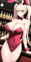 ai_generated bar big_breasts blonde_hair blue_eyes cleavage danganronpa danganronpa:_trigger_happy_havoc easter junko_enoshima large_breasts looking_at_viewer n.c.b_ai nai_diffusion playboy_bunny rabbit_ears smile stable_diffusion twintails wine