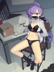 1girls anabel_(pokemon) arms_behind_back arms_tied_behind_back black_bra black_legwear black_panties bondage bound_ankles bound_to_chair bra breasts cad clothing feet_together_knees_apart female female_only gag gagged helpless kaddo long_hair looking_at_viewer matching_underwear nintendo panties pokemon purple_eyes purple_hair restrained shirt sitting solo spread_legs tape_gag tied_to_chair white_shirt