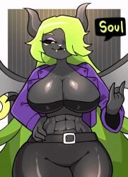 animated anthro ass_expansion breast_expansion breast_squeeze breasts crossed_legs demon dialogue dice_coffeedox draw_the_dice english_text female friday_night_funkin furry green_hair growth huge_breasts looking_at_viewer midnight_(friday_night_funkin) sharp_teeth sitting