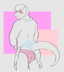 anthro anus anus_visible_through_clothes blush bottomwear clothed clothing clothing_lift crossdressing disembodied_hand donut_anus dragon dressing eyewear flustered ghost_hands glasses hi_res looking_back male muscular puffy_anus scalie skirt skirt_lift thehuskydragon visible_underwear