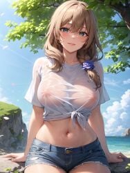 1girls ai_generated booty_shorts breasts brown_hair female genshin_impact green_eyes jean_shorts jordan53 large_breasts light-skinned_female light_skin lisa_(genshin_impact) long_hair outdoors short_shorts shorts smile stable_diffusion thick_thighs wet_t-shirt wet_topwear