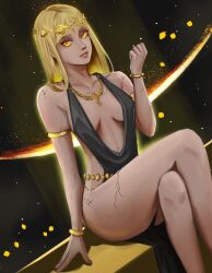 1girls artian05 blonde_hair breasts cleavage crossed_legs dress elden_ring female female_only fromsoftware goddess queen_marika_the_eternal thick_thighs