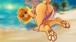 2023 amber_wind amber_wind_(character) anthro anus ass bikini bird_dog blurred_background bodily_fluids butt_focus canid canine canis claws clothed clothing digital_media_(artwork) domestic_dog ear_piercing english_text feet female foot_focus full-length_portrait fur genitals golden_retriever hair hi_res hunting_dog kneeling kneeling_on_ground looking_at_viewer looking_back mammal membrane_(anatomy) membranous_wings orange_hair panties panties_down partially_clothed pawpads piercing pink_claws pink_nose pink_pussy pink_tongue portrait purple_bikini purple_clothing purple_eyes purple_swimwear pussy raised_tail retriever saliva saliva_on_tongue seaside shaded signature simple_background solo string_bikini swimwear tail tan_body tan_fur tan_pawpads text tongue tongue_out underwear underwear_down wings