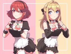 2girls apron blonde_hair blue_eyes bowtie breasts choker core_crystal detached_sleeves fiora_(xenoblade) hairband hairbow hand_heart large_breasts long_hair looking_at_viewer maid maid_apron maid_uniform ncsmumi nintendo pyra red_eyes red_hair short_hair thighhighs waist_apron xenoblade_(series) xenoblade_chronicles xenoblade_chronicles_2