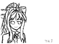 !! 1girls animated animated_gif big_bow blowjob bow cum cum_in_mouth cum_inside cum_overflow cumming doki_doki_literature_club ejaculation english_text fellatio gift hair_intakes handjob jumperextra long_hair lowres monika_(doki_doki_literature_club) monochrome oral oral_penetration oral_sex seductive seductive_look text