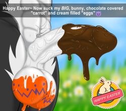 abs anthro big_balls big_penis caption chocolate chocolate_drip chocolate_on_balls chocolate_on_penis crotch_tuft easter easter_balls easter_egg emoji euphemism food_play logo male male_only outside pepper_bunny pepperbunny rabbit saggy_balls selfie small_but_hung snapchat two_tone_body two_tone_fur veiny_penis young