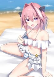 1femboy alternate_version_available astolfo_(fate) beach bikini bikini_bottom bikini_top bulge bulge_through_clothing fate_(series) femboy femboy_only hair headwear kitajima_yuuki open_mouth penis penis_under_clothes penis_under_skirt pink_hair purple_eyes ribbon ribbons smile solo solo_femboy swimwear trap water