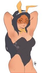 1girls abs armpits arms_behind_head ass big_breasts black_hair brawlhalla breasts bunny_ears bunnysuit cleavage hips long_hair looking_at_viewer pussy round_ass round_butt simple_background slim_waist solo solo_female solo_focus speedster sweat sweatdrop thea_(brawlhalla) therealdushang thick_ass thick_thighs thighhighs thighs visor